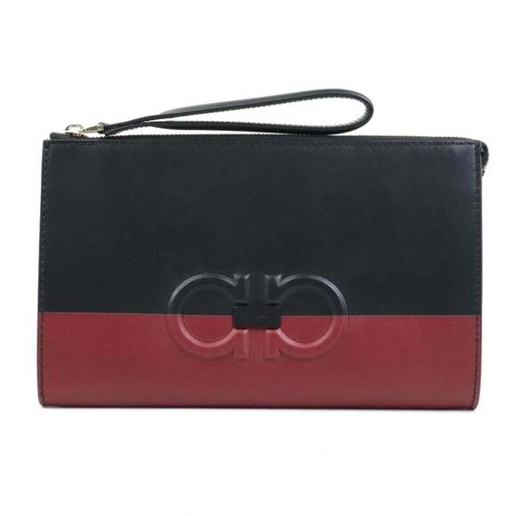 Salvatore Ferragamo Gancini Leather Clutch Bag in Black and Dark Red Men's W...